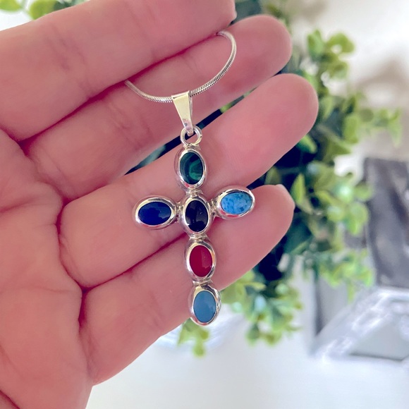 Vintage Native American Sterling Silver Multi Gemstone Cross Pendant/thick chain - Picture 4 of 7